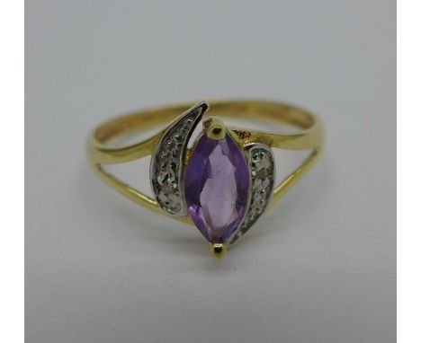 A 9ct gold, amethyst and diamond ring, 1.1g, O