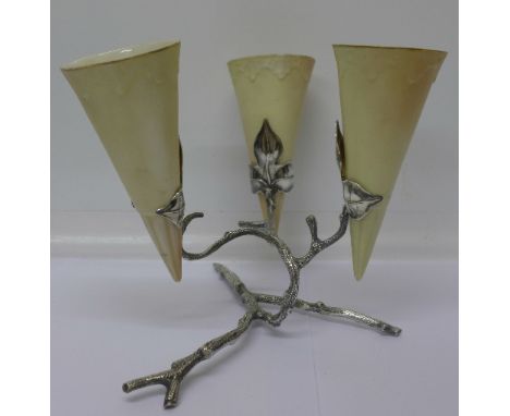 A three branch epergne on a plated stand, possibly Royal Worcester, unmarked, 19cm