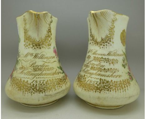A pair of 19th Century jugs, one marked Mr Thomas Wilkinson and one marked Mrs Wilkinson, Barton, Nottinghamshire 1857, 19cm