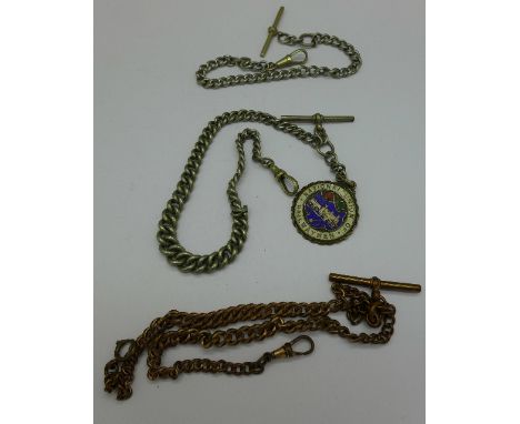 Albert chains and a silver and enamel NUR fob with inscription dated 1912-1913