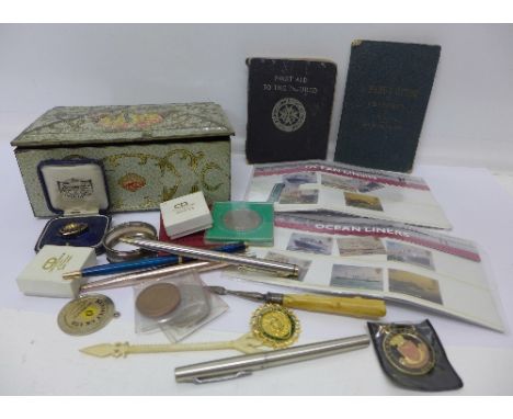 Medallions, coins, first day stamps, etc.