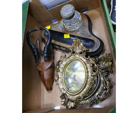 Antique inkwell and desktop stand, pair of traditional style Italian pictures in gold coloured plastic frames and a carved an