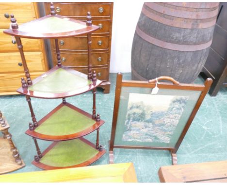 Tapestry embroidered fire screen and reproduction green leather tooled topped graduated what-not stand 