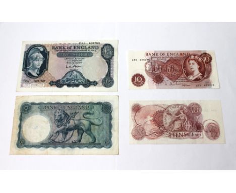 Vintage English bank notes - ten shillings and £5
