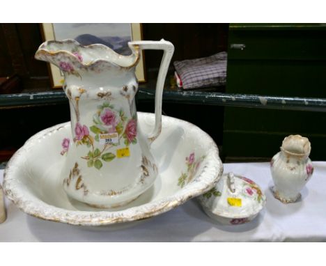 Four piece floral wash jug and basin set