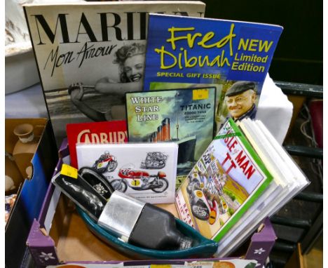 Books on Marilyn Munroe and Fred Dibnah, box containing brand new greetings cards, Motorbike racing card, modern tin advertis