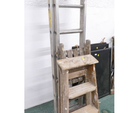 Alloy extending ladders and two wooden vintage step ladders