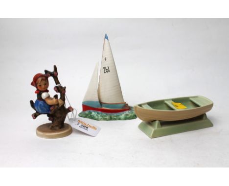 Beswick sailing boat model 1610, Branksome china boat hull model and Hummel figure