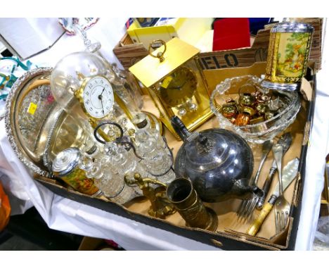 Box of plated ware trays, glass decanter and condiment sets, Seth Thomas dome clock and Pallas carriage clock, quantity of mi