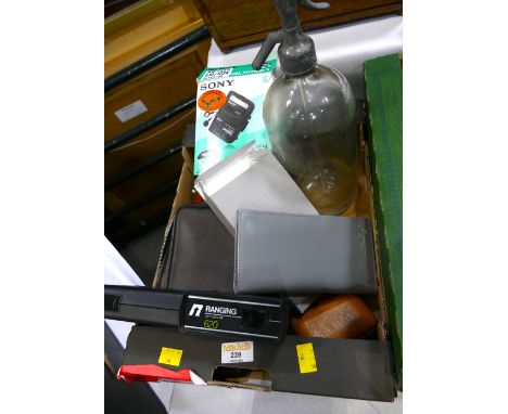 Glass soda siphon, Ranging 620 camera, gentleman's grooming set, Sony Walkman model WMFX313 in box, Concorde memorabilia note