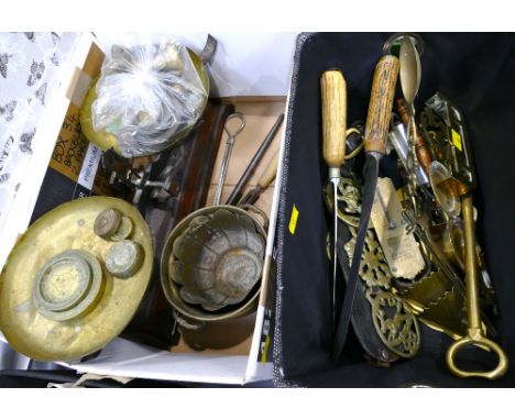 Vintage set of scales with weights, brassware, antler handles knives etc  This bladed product is not for sale to people under