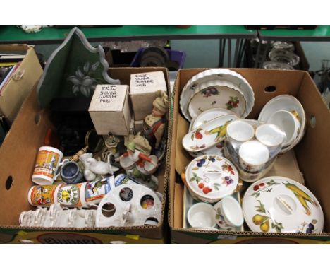 Two boxes of Royal Worcester Evesham pattern dinnerware - tureens and ramekins, advertising mugs, vintage doll, Jubilee mugs,