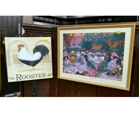 Continental cafe scene in tapestry and a canvas picture of a rooster
