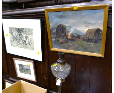 Brass column oil lamp with glass reservoir and three pictures - Gypsy caravan scene and etching of a lady using a wishing wel