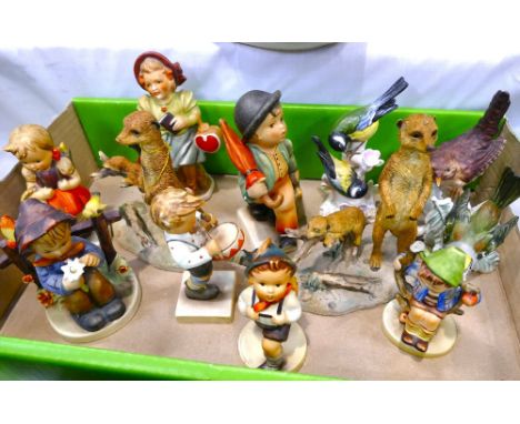 Collection of Hummel figures, Out of Africa Meerkat ornaments and Goebel bird ornaments