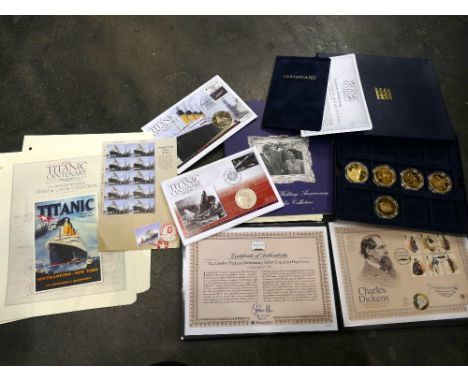 Platinum wedding anniversary photographic coin collection, Charles Dickens first day cover commemorative coin, five RMS Titan