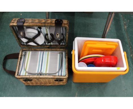 Coolbox with plastic crockery, wicker picnic hamper with some contents