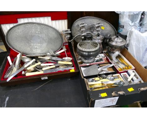 Two boxes of cutlery and plated ware - candlestick, tray, teapots etc
