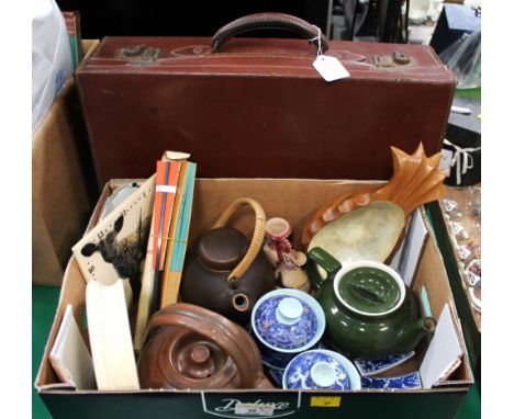 Vintage suitcase, stoneware kettles, oriental china, stoneware kettles, oriental china, Bunnykins ashtray, collection of vint