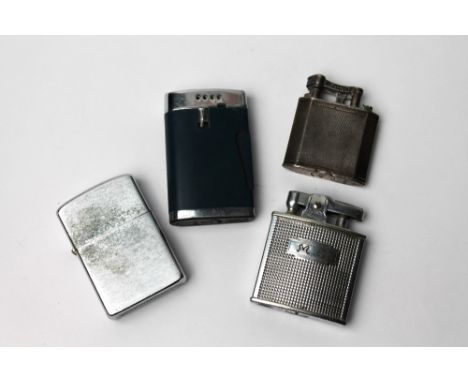 Four vintage lighters - Ronson, Zippo, Dunhill silver lighter and Ronson with blue Bakelite case