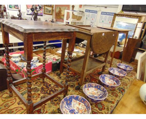 An Oak 1930's drop flap tea trolley, Oak side table and a barley twist occasional table