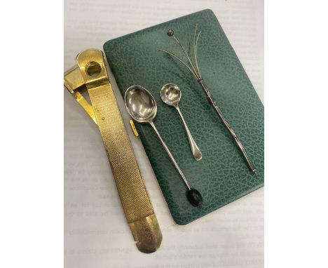 A hallmarked Silver cocktail stick, two hallmarked silver spoons plus a cigarette case and cigar cutter