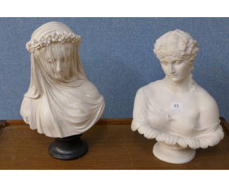 An Italian style bust of a veiled lady and another bust of a lady