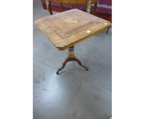 A Victorian mahogany tripod table, the square mahogany top inlaid with St. George and the Dragon