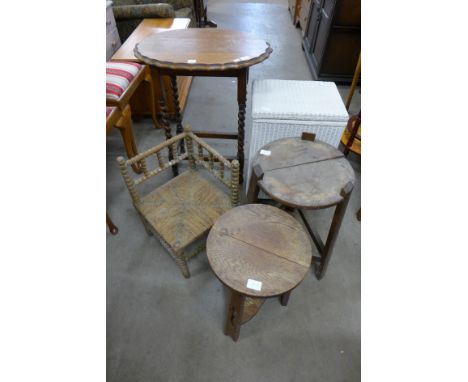 A walnut display cabinet, standard lamp, drop-leaf table, linen box, coffee table and an oak barleytwist occasional table