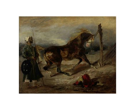 EUGÈNE DELACROIX (1798-1863)Cheval arabe attaché à un piquet signé « E. Delacroix » (en bas à droite)huile sur toilesigned 'E