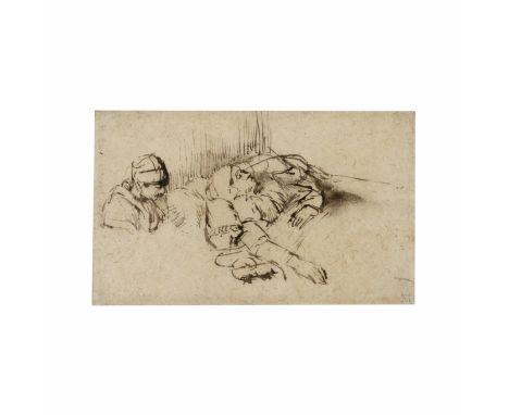 WILLEM DROST (1633-1659)Une femme allongée dans un lit, une autre à son chevet plume et encre brune, lavis brun, sur papier J