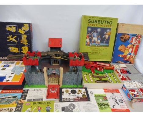 A varied selection of toys to include Lego, an early Wild West gun, a Lego builders set, Subbuteo and other.