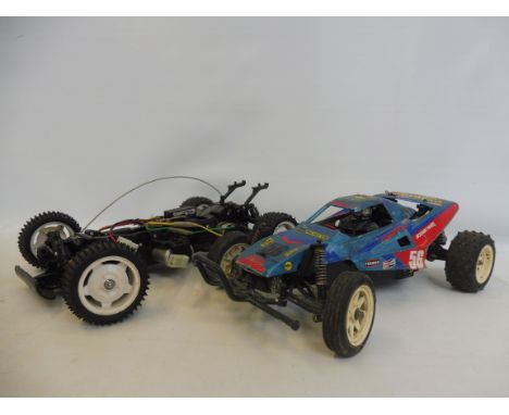 A Tamiya grasshopper 1:10 scale electric remote controlled car, plus a Tamiya TL-01B 4WD chassis, circa 1998.