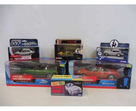 James Bond - two 1:18 scale cars, three further Corgi 1:36th scale plus the 50th anniversary Goldfinger DB5, boxed.