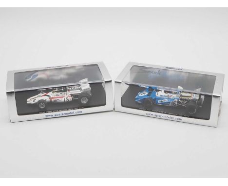 A pair of 1:43 scale hand built resin models of Formula 1 race cars by SPARK (MINIMAX), comprising of a 'S1749' 1971 BRM P60 