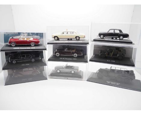 A group of 1:43 scale models by IXO -ALTAYA (ex magazine) ,comprising of Mercedes Benz automobiles - VG/E in F/VG Perspex cas