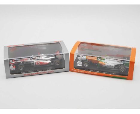 A pair of 1:43 scale hand built resin models of Formula1 race cars by SPARK (MINIMAX), comprising of a 'S3030' 2011 McLaren-M