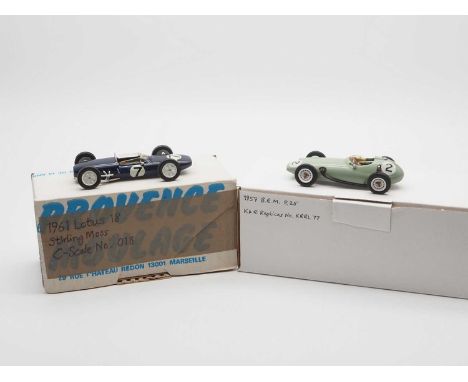 A pair of hand built white metal 1:43 scale models, comprising of a K&amp;R REPLICAS 'KRRL 77' 1959 BRM P.25 F1 race car (Sti