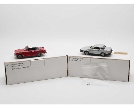 A pair of hand built 1:43 scale white metal models by K&amp;R, comprising of a 'KR58' 1966 Triumph Vitesse Mk2 convertible an