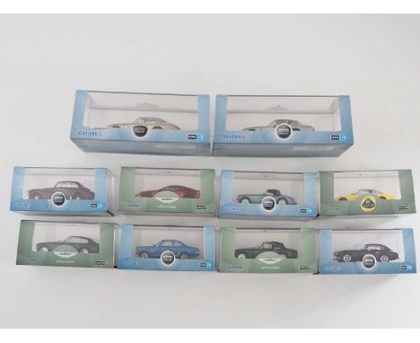 A group of 1:43 scale models by OXFORD DIECAST, comprising of British GT and sports cars, to include AC, Aston Martin, Austin