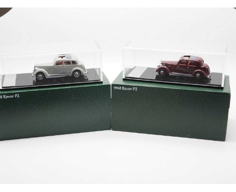 A pair of  hand built limited edition resin 1:43 scale model by BRITISH HERITAGE MODELS, comprising of a 'MC 01' 1938 Rover P