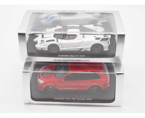 A pair of hand built resin 1:43 scale models by SPARK (MINIMAX), comprising of a 'S0733' 2008 Gemballa GTR 700 Tornado and a 