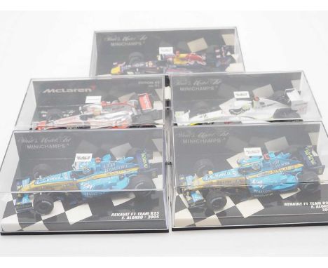 A group of 1:43 scale Formula 1 race cars by MINICHAMPS (World Championship winners), comprising of a 2005 Renault R.25 (Fern