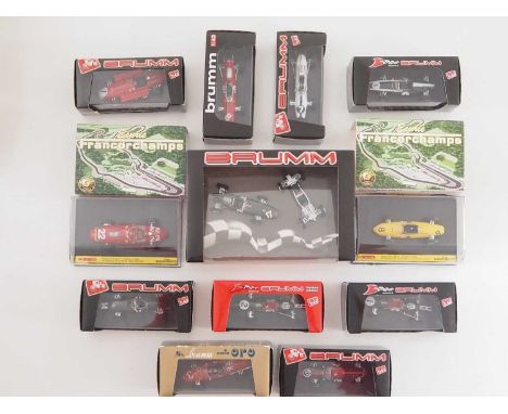 A group of 1:43 scale Formula 1 race cars by BRUMM , comprising of F1 cars from 1960s, to include BRM, Ferrari and Lotus exam