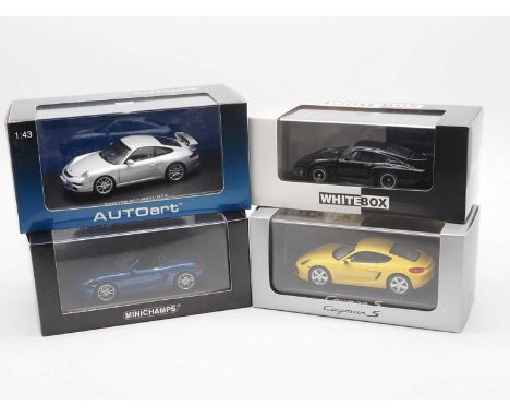 A group of l 1:43 scale models by NOREV, MINICHAMPS, WHITEBOX and AUTOART, comprising of Porsche automobiles to include a WHI