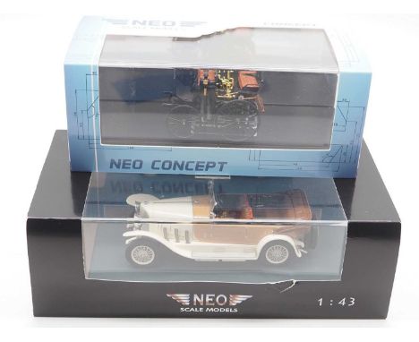 A pair of hand built resin 1:43 scale models by NEO, comprising of a 'NEO43045' 1886 Daimler Kutschenwagen and a 'NEO46170' 1