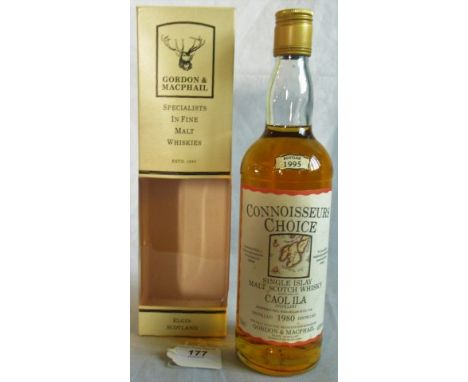 A bottle of Connissures Choice, Single Islay Malt Scotch Whisky, distilled at Caolila Distillery 1980 and bottled 1995.