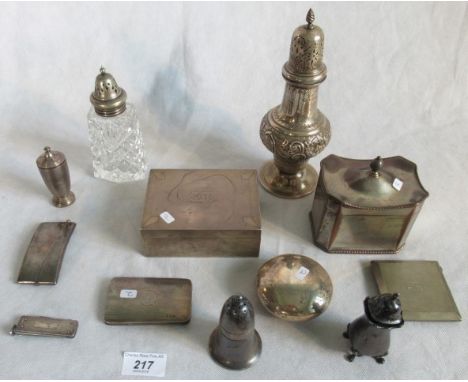 A collection of silver requisites, to include: sugar shaker, cigarette box, snuff box,m note case and card case, together wit