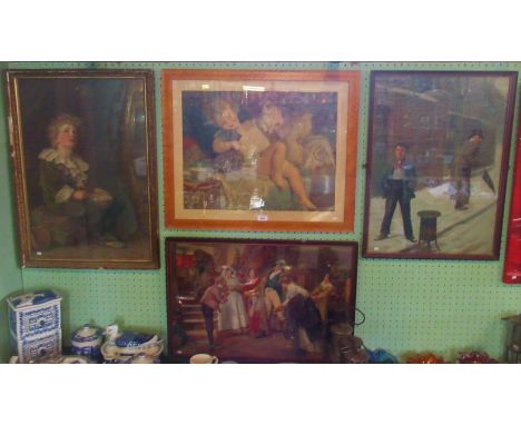A maple framed and glazed print Playmates, together with three other prints, various sizes.
