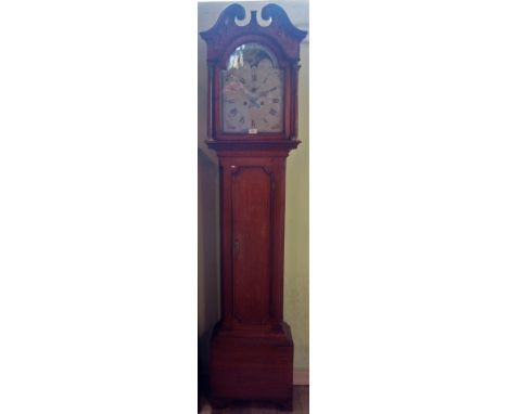 A 19th century oak longcase clock with eight day movement and painted arch dial. Condition Report: Overall condition good, sm